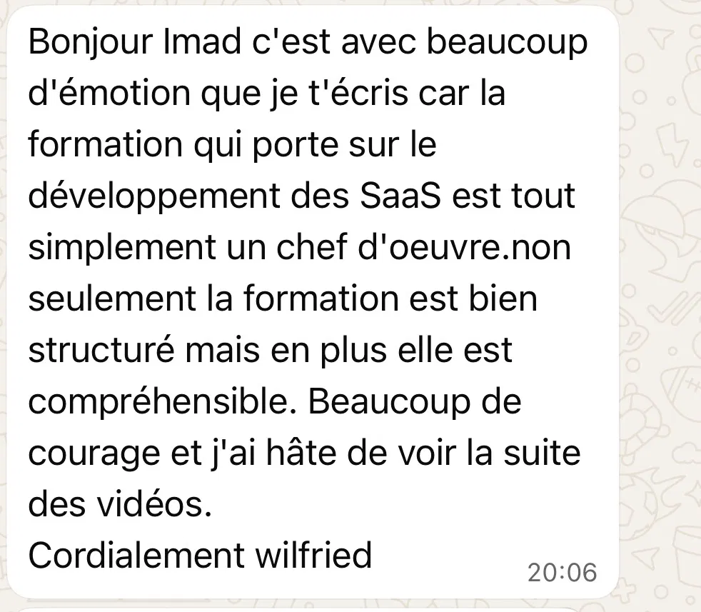 Message WhatsApp de Wilfried sur son avancée dans le programme
